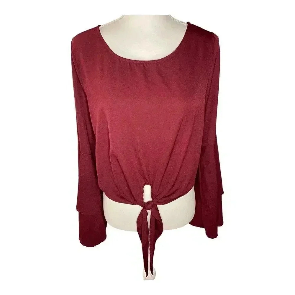 Altar’d State Size Small Red Bell Sleeve Front Tie Cropped Shirt